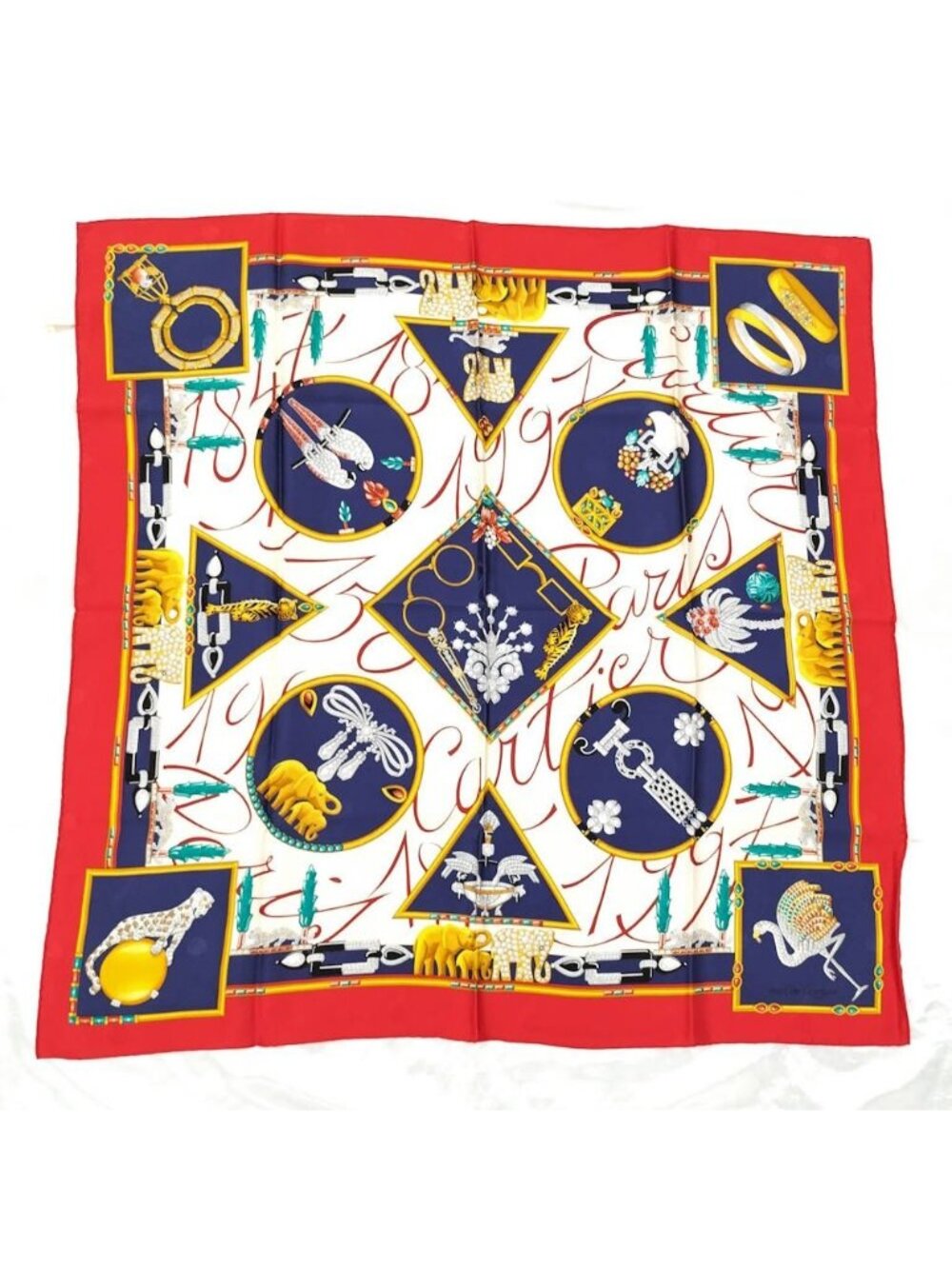 Cartier Scarf Silk 100% Red Navy Multicolor